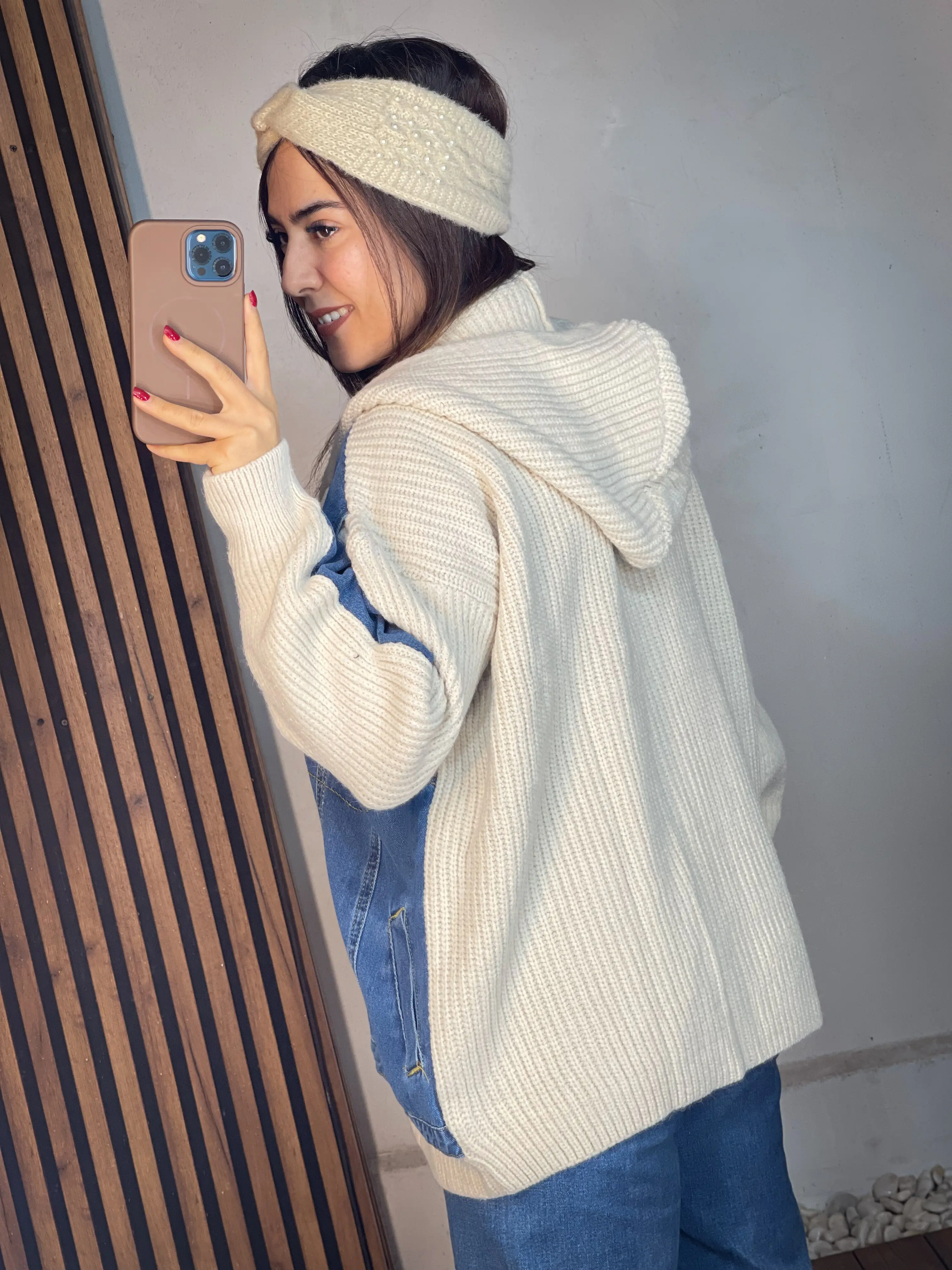 ژاکت بافت جین ترکیبی کلاهدار